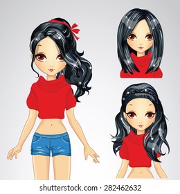 Beautiful fashion brunette girl in red pullover and collection of different hairstyle
