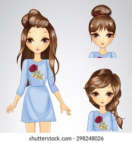 Beautiful fashion chestnut hair girl in blue dress with rose and collection of different hairstyle