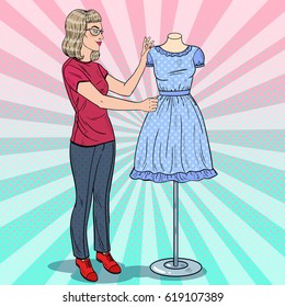 Beautiful Fashion Designer with Dress on a Mannequin. Textile Industry. Pop Art retro vector illustration