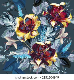 Beautiful fashion fabric pattern with tulip flowers in vintage style