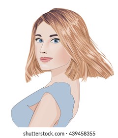 Beautiful fashion girl with blond short waving hair, blue eyes and smile on face,two-thirds face,vector