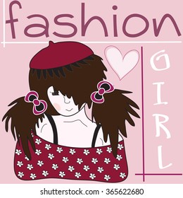 beautiful fashion girl in a cap with heart vector illustration