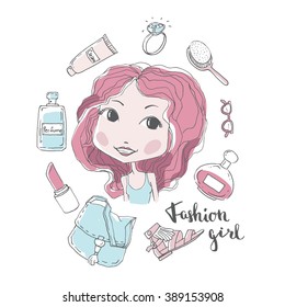 Beautiful fashion girl, model girl vector illustration, cute girl, shopping concept, woman head with cosmetics and accesories