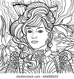 Beautiful fashion girl. Portrait. Coloring book for adults. Vector illustration. Abstract elements in clothes. Romantic. Evening hairstyle. Cinderella. Lady. Victorian .  Frill. Black. White. Princess