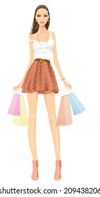 Beautiful fashion girl with shopping bags. Vector illustration.