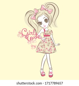 Beautiful fashion girl vector character illustration. Gils love collection