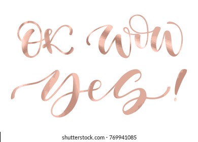 Beautiful fashion greeting card calligraphy metallic rose gold text. Handwritten T-shirt print or paper design. Modern brush lettering white background isolated vector phrase. Wow Ok. Yes