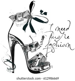 Beautiful fashion illustration with and drawn female shoe. I need more fashion