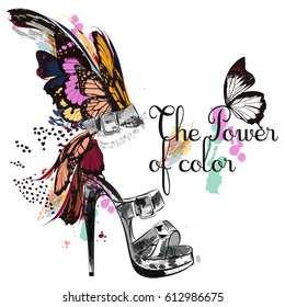 Beautiful fashion illustration with and drawn female shoe and butterfly wings. The power of color