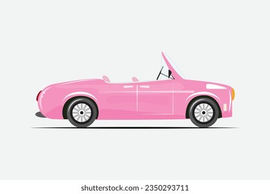  Hermosa ilustración de la moda de un auto rosa. Coche elegante para mujeres, niñas sin techo al estilo de dibujos animados planos