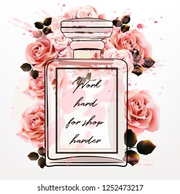 Beautiful fashion illustration with pink perfume glass bottle and roses in watercolor style