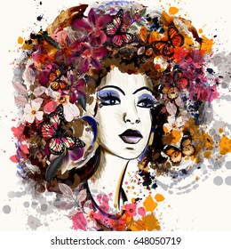 Beautiful fashion illustration in watercolor style with portrait of a girl and butterflies with orchids around her hair