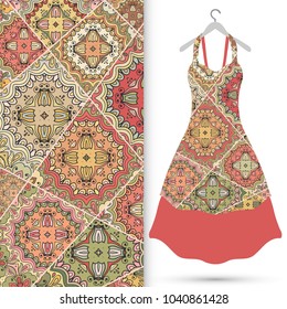 Beautiful fashion illustration. Women's dress and patchwork quilt pattern. Vintage decorative elements. Hand drawn colorful background in mosaic style for textile or paper print, fashion collection