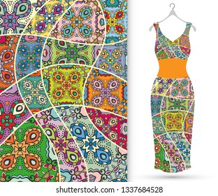 Beautiful fashion illustration. Women's dress and patchwork quilt pattern. Vintage decorative elements. Hand drawn colorful background in mosaic style for textile or paper print, fashion collection 