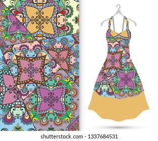 Beautiful fashion illustration. Women's dress and patchwork quilt pattern. Vintage decorative elements. Hand drawn colorful background in mosaic style for textile or paper print, fashion collection 