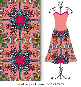 Beautiful fashion illustration. Women's dress on a hanger and seamless hand drawn pattern for textile, paper print. Isolated colorful dress and vertical seamless background, vector fashion collection