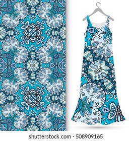Beautiful fashion illustration. Women's dress on a hanger and seamless hand drawn pattern for textile, paper print. Isolated colorful dress and vertical seamless background, vector fashion collection