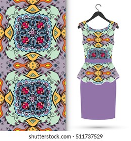 Beautiful fashion illustration. Women's dress on a hanger and seamless hand drawn pattern for textile, paper print. Isolated colorful dress and vertical seamless background, vector fashion collection