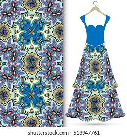 Beautiful fashion illustration. Women's dress on a hanger and seamless hand drawn pattern for textile, paper print. Isolated colorful dress and vertical seamless background, vector fashion collection