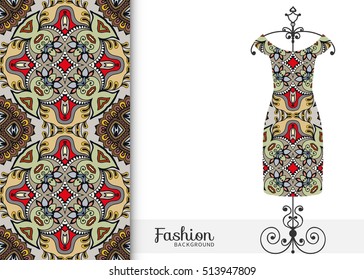 Beautiful fashion illustration. Women's dress on a hanger and seamless hand drawn pattern for textile, paper print. Isolated colorful dress and vertical seamless background, vector fashion collection