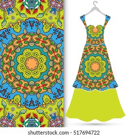 Beautiful fashion illustration. Women's dress on a hanger and seamless hand drawn pattern for textile, paper print. Isolated colorful dress and vertical seamless background, vector fashion collection