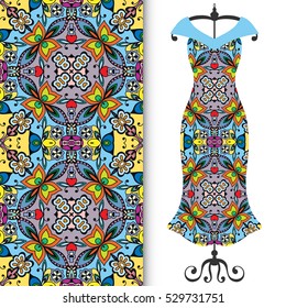 Beautiful fashion illustration. Women's dress on a hanger and seamless hand drawn pattern for textile, paper print. Isolated colorful dress and vertical seamless background, vector fashion collection