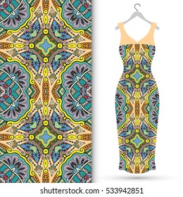 Beautiful fashion illustration. Women's dress on a hanger and seamless hand drawn pattern for textile, paper print. Isolated colorful dress and vertical seamless background, vector fashion collection