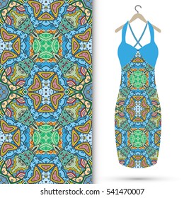 Beautiful fashion illustration. Women's dress on a hanger and seamless hand drawn pattern for textile, paper print. Isolated colorful dress and vertical seamless background, vector fashion collection