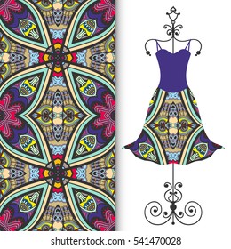 Beautiful fashion illustration. Women's dress on a hanger and seamless hand drawn pattern for textile, paper print. Isolated colorful dress and vertical seamless background, vector fashion collection