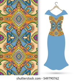 Beautiful fashion illustration. Women's dress on a hanger and seamless hand drawn pattern for textile, paper print. Isolated colorful dress and vertical seamless background, vector fashion collection