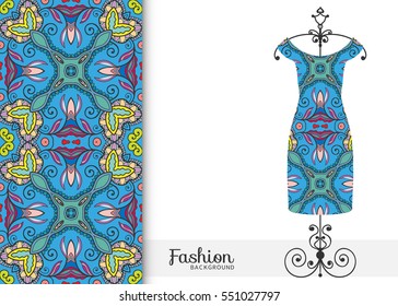 Beautiful fashion illustration. Women's dress on a hanger and seamless hand drawn pattern for textile, paper print. Isolated colorful dress and vertical seamless background, vector fashion collection