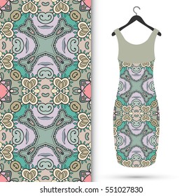 Beautiful fashion illustration. Women's dress on a hanger and seamless hand drawn pattern for textile, paper print. Isolated colorful dress and vertical seamless background, vector fashion collection