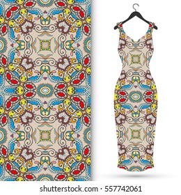 Beautiful fashion illustration. Women's dress on a hanger and seamless hand drawn pattern for textile, paper print. Isolated colorful dress and vertical seamless background, vector fashion collection