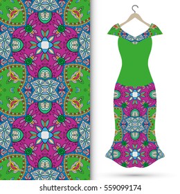 Beautiful fashion illustration. Women's dress on a hanger and seamless hand drawn pattern for textile, paper print. Isolated colorful dress and vertical seamless background, vector fashion collection