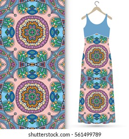 Beautiful fashion illustration. Women's dress on a hanger and seamless hand drawn pattern for textile, paper print. Isolated colorful dress and vertical seamless background, vector fashion collection