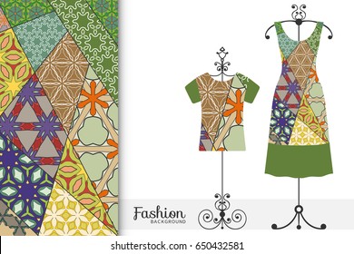 Beautiful fashion illustration. Women's dress and t-shirt on a hanger and vertical patchwork pattern. Vintage decorative elements. Hand drawn background in mosaic style for textile or paper print