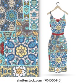 Beautiful fashion illustration. Women's dress and vertical patchwork pattern. Vintage decorative elements. Hand drawn colorful background in mosaic style for textile or paper print, fashion collection