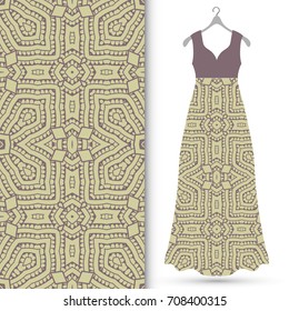 Beautiful fashion illustration. Women's dress on a hanger and seamless hand drawn pattern for textile, paper print. Isolated colorful dress and vertical seamless background, vector fashion collection