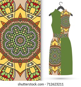 Beautiful fashion illustration. Women's dress on a hanger and seamless hand drawn pattern for textile, paper print. Isolated colorful dress and vertical seamless background, vector fashion collection