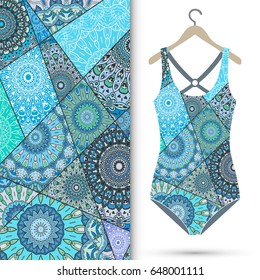 Beautiful fashion illustration. Women's swimsuit on a hanger and vertical patchwork pattern. Vintage decorative elements. Colorful textile collage background in mosaic style, fashion collection