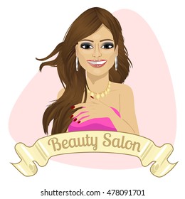 beautiful fashion latin woman behind ribbon with beauty salon text