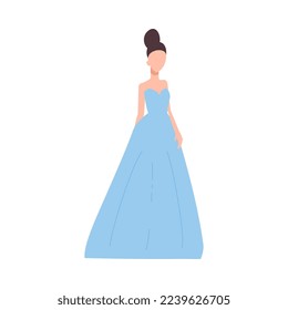 Beautiful fashion model character demonstrating designer wedding dress or evening gown, flat cartoon vector illustration isolated on white background.