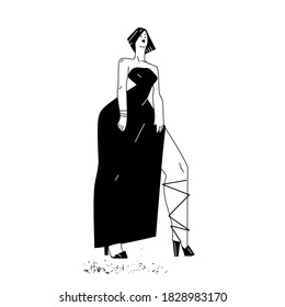 Beautiful fashion model in a fancy, luxury long dress. Elegant woman posing on high heels. Stylized black and white character.  vector illustration.
