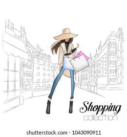 Beautiful fashion model in hat. Stylish cute girl in fashion clothes. Sketch. Fashion woman, fashion banner with text template, online shopping social media ads with beautiful girl. Vector illustration