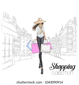 Beautiful fashion model in hat. Stylish cute girl in fashion clothes. Sketch. Fashion woman, fashion banner with text template, online shopping social media ads with beautiful girl. Vector illustration