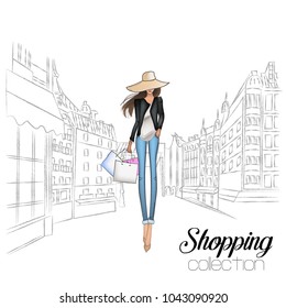 Beautiful fashion model in hat. Stylish cute girl in fashion clothes. Sketch. Fashion woman, fashion banner with text template, online shopping social media ads with beautiful girl. Vector illustration