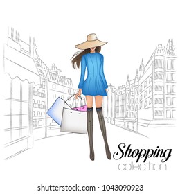 Beautiful fashion model in hat. Stylish cute girl in fashion clothes. Sketch. Fashion woman, fashion banner with text template, online shopping social media ads with beautiful girl. Vector illustration