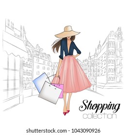 Beautiful fashion model in hat. Stylish cute girl in fashion clothes. Sketch. Fashion woman, fashion banner with text template, online shopping social media ads with beautiful girl. Vector illustration