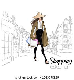 Beautiful fashion model in hat. Stylish cute girl in fashion clothes. Sketch. Fashion woman, fashion banner with text template, online shopping social media ads with beautiful girl. Vector illustration