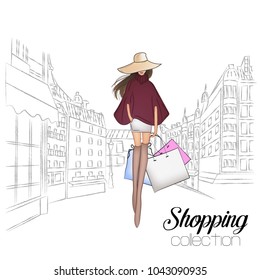 Beautiful fashion model in hat. Stylish cute girl in fashion clothes. Sketch. Fashion woman, fashion banner with text template, online shopping social media ads with beautiful girl. Vector illustration